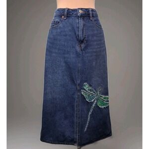 Old Navy Womens Skirt Sz 12 Y2K Long Denim Maxi  Patchwork Dragonfly Medium Wash